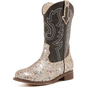 🆕Kids Gold Sequins Boots Glitter Toddler Little Big Mid Calf Western Shoes